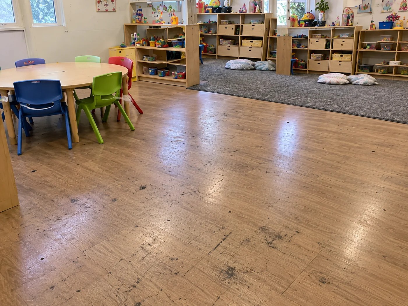 Illustrative preschool floor before professional cleaning in Melbourne